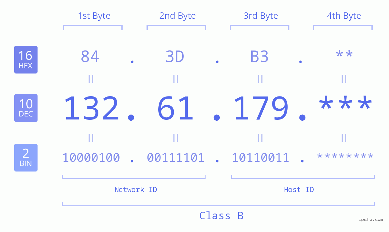 IP Address: 132.61.179 Data Structure Chart BIN DEC HEX IPv4: 132.61.179 Network Class, Net ID, Host ID