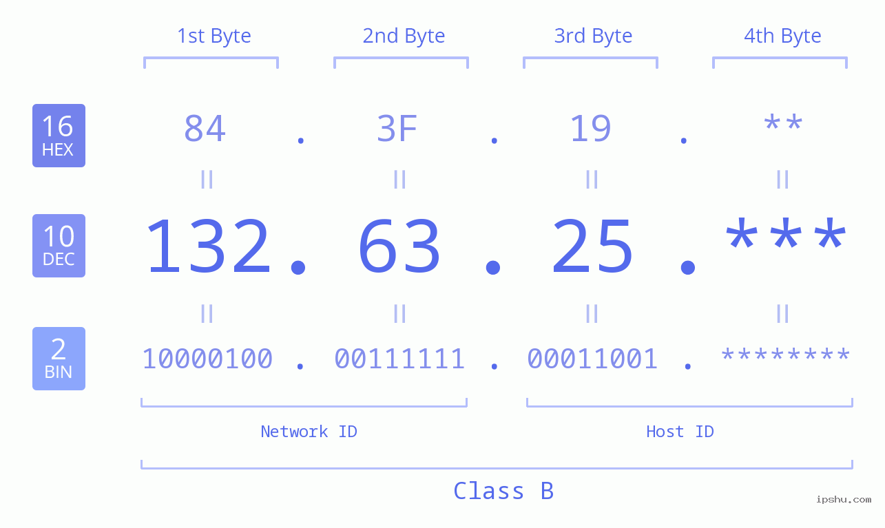 IP Address: 132.63.25 Data Structure Chart BIN DEC HEX IPv4: 132.63.25 Network Class, Net ID, Host ID