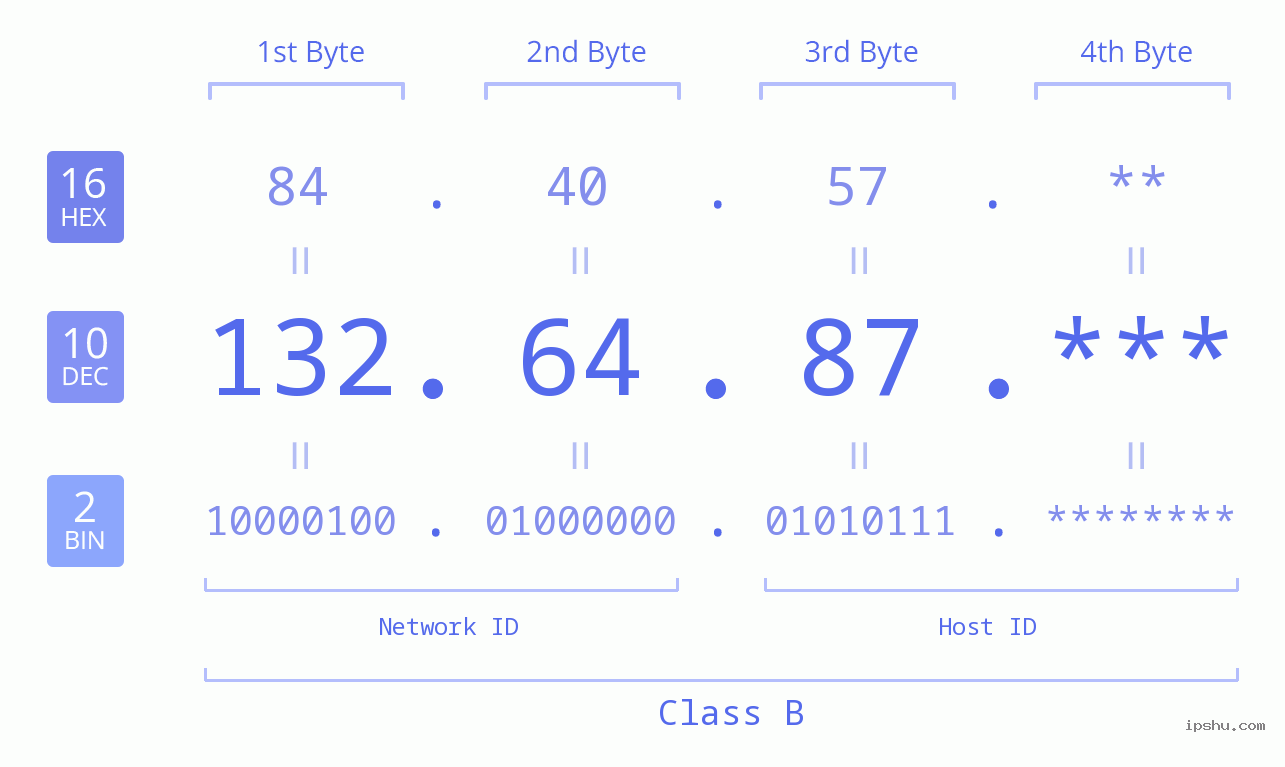 IP Address: 132.64.87 Data Structure Chart BIN DEC HEX IPv4: 132.64.87 Network Class, Net ID, Host ID