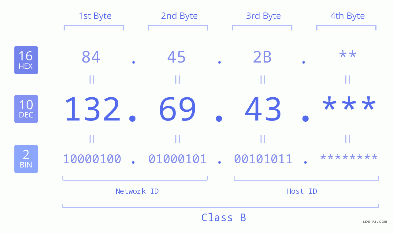 IP Address: 132.69.43 Data Structure Chart BIN DEC HEX IPv4: 132.69.43 Network Class, Net ID, Host ID