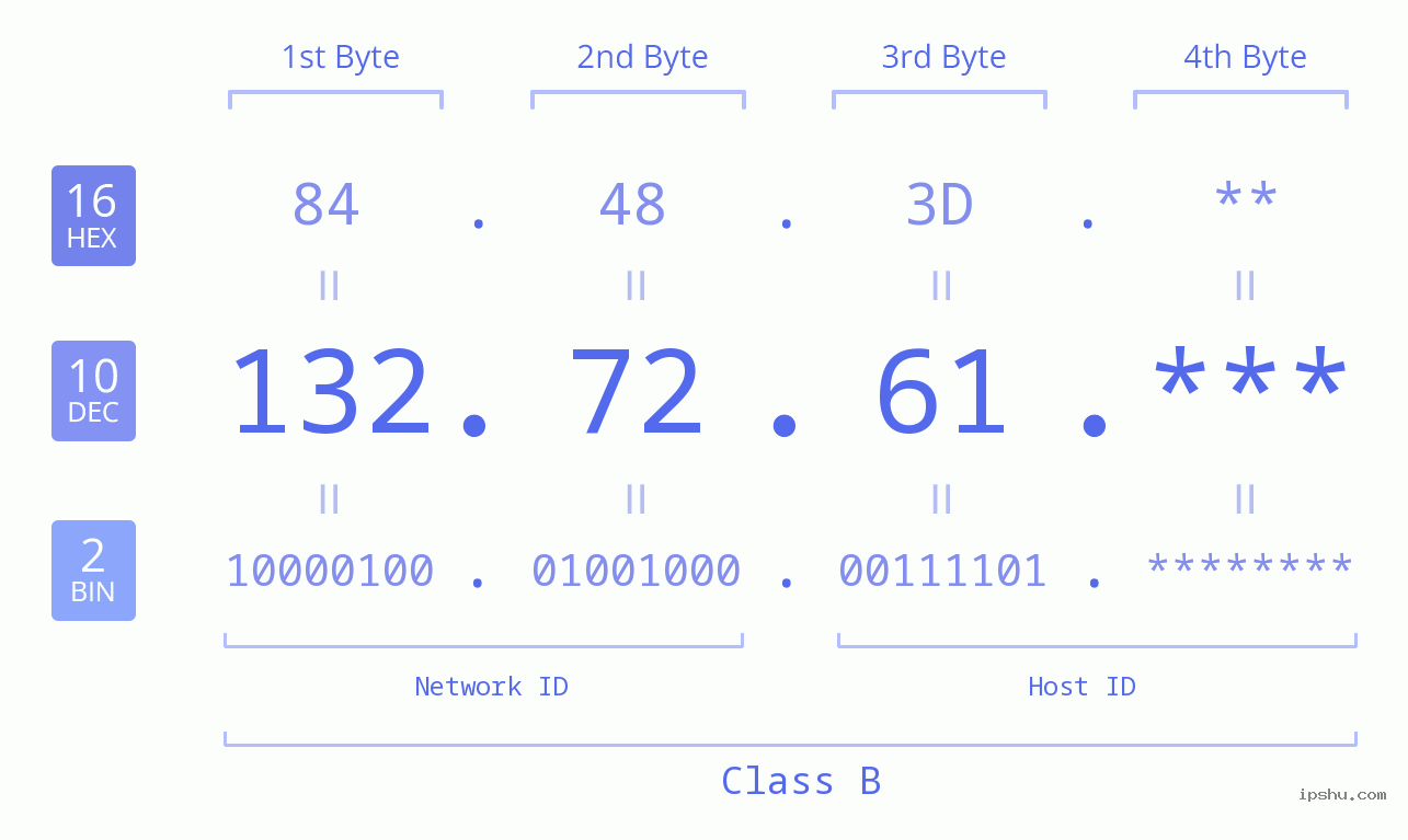 IP Address: 132.72.61 Data Structure Chart BIN DEC HEX IPv4: 132.72.61 Network Class, Net ID, Host ID