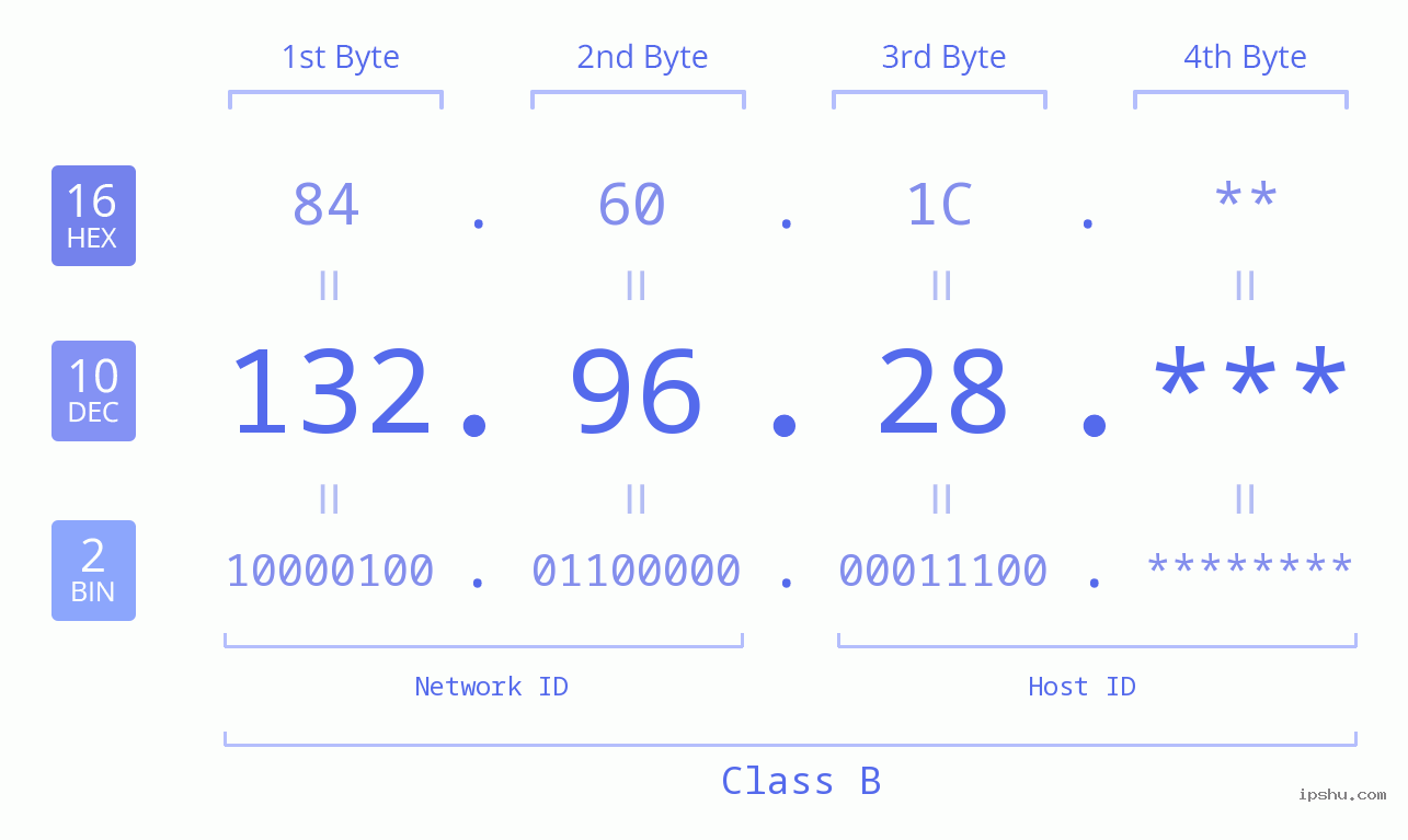 IP Address: 132.96.28 Data Structure Chart BIN DEC HEX IPv4: 132.96.28 Network Class, Net ID, Host ID