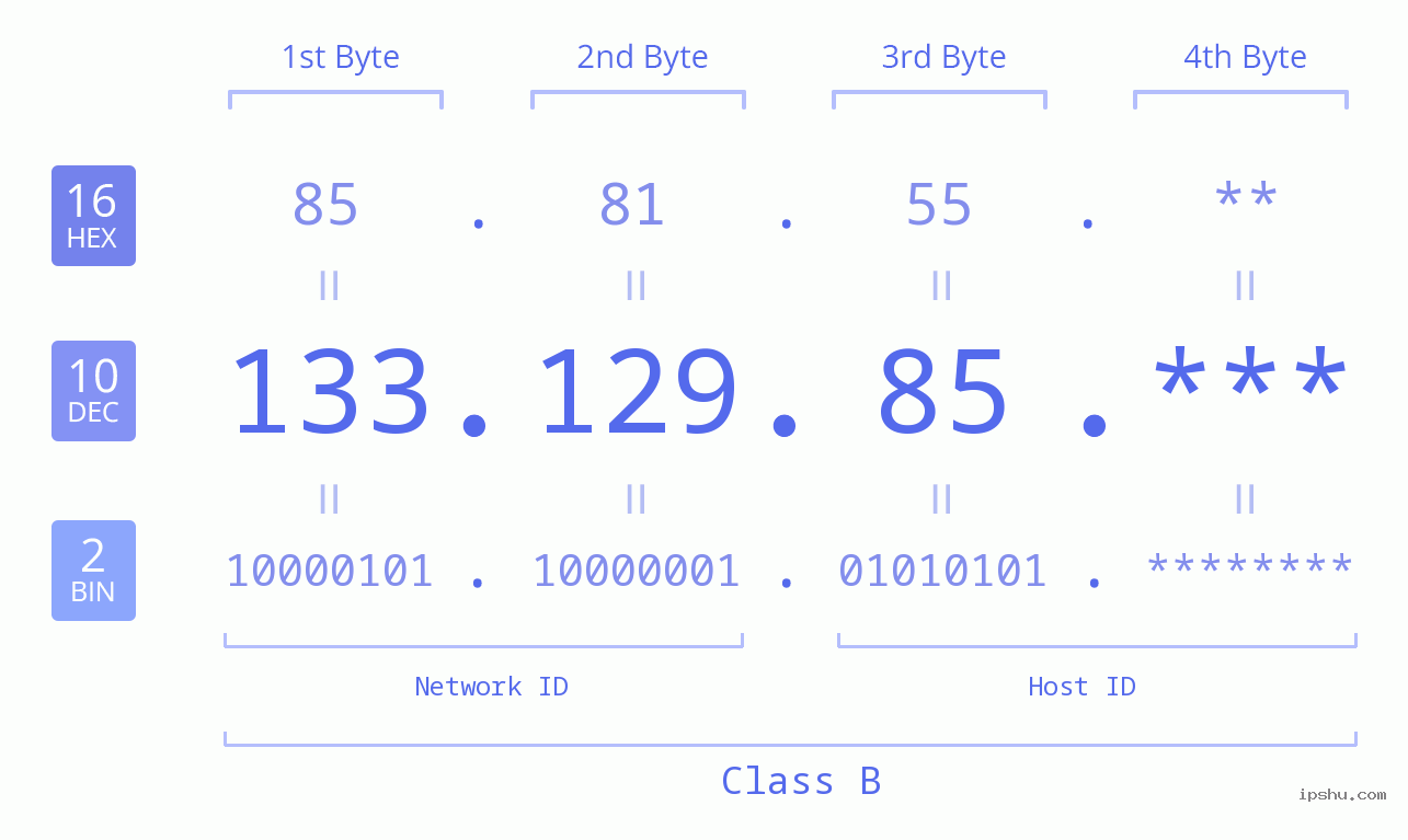 IP Address: 133.129.85 Data Structure Chart BIN DEC HEX IPv4: 133.129.85 Network Class, Net ID, Host ID