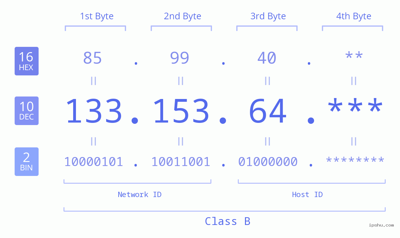 IP Address: 133.153.64 Data Structure Chart BIN DEC HEX IPv4: 133.153.64 Network Class, Net ID, Host ID