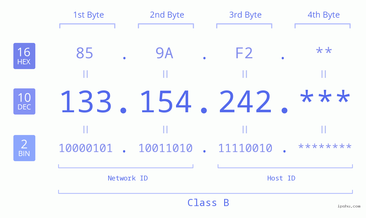 IP Address: 133.154.242 Data Structure Chart BIN DEC HEX IPv4: 133.154.242 Network Class, Net ID, Host ID