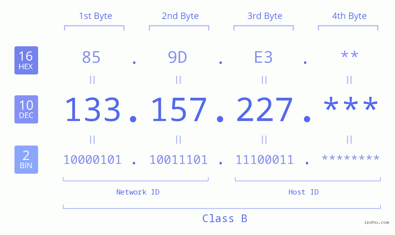 IP Address: 133.157.227 Data Structure Chart BIN DEC HEX IPv4: 133.157.227 Network Class, Net ID, Host ID