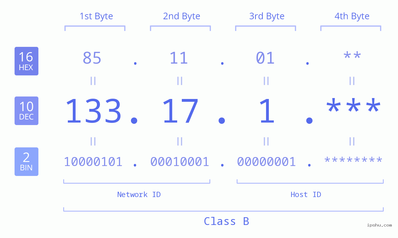 IP Address: 133.17.1 Data Structure Chart BIN DEC HEX IPv4: 133.17.1 Network Class, Net ID, Host ID