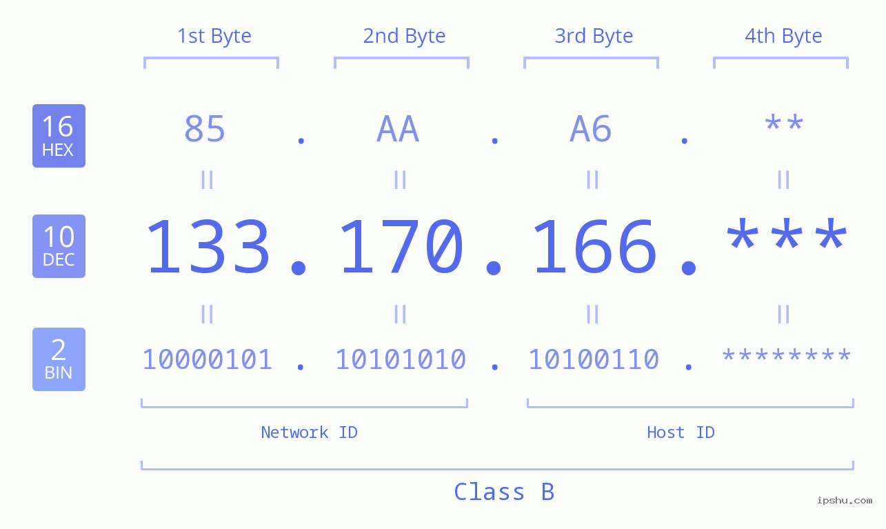 IP Address: 133.170.166 Data Structure Chart BIN DEC HEX IPv4: 133.170.166 Network Class, Net ID, Host ID