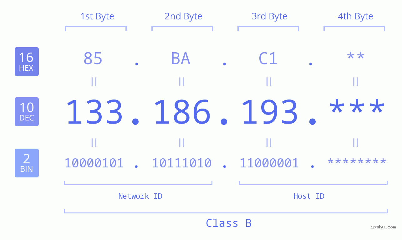 IP Address: 133.186.193 Data Structure Chart BIN DEC HEX IPv4: 133.186.193 Network Class, Net ID, Host ID