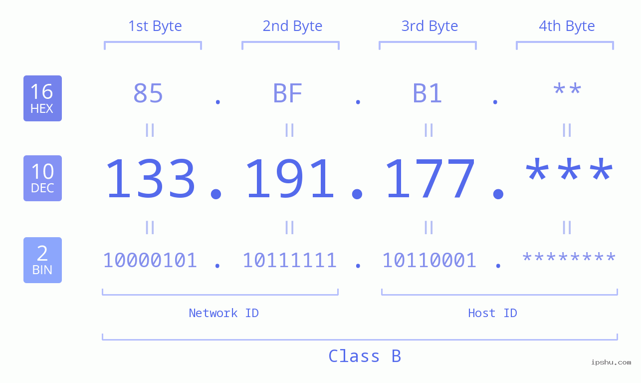 IP Address: 133.191.177 Data Structure Chart BIN DEC HEX IPv4: 133.191.177 Network Class, Net ID, Host ID