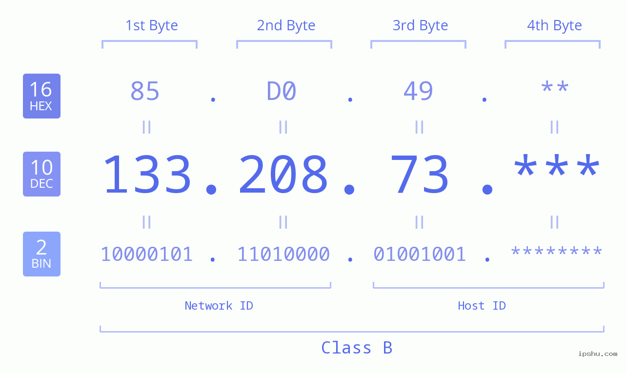 IP Address: 133.208.73 Data Structure Chart BIN DEC HEX IPv4: 133.208.73 Network Class, Net ID, Host ID