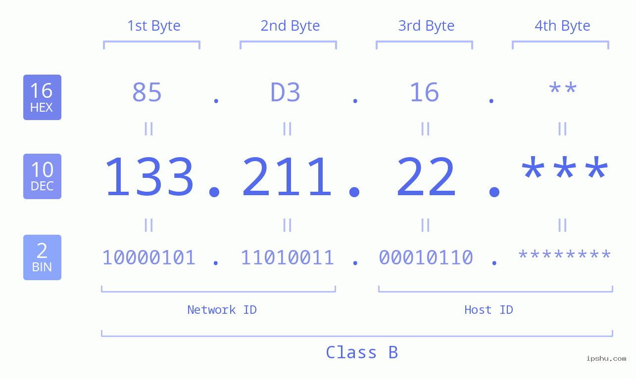 IP Address: 133.211.22 Data Structure Chart BIN DEC HEX IPv4: 133.211.22 Network Class, Net ID, Host ID
