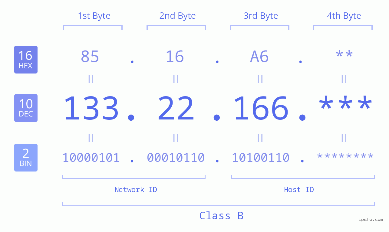 IP Address: 133.22.166 Data Structure Chart BIN DEC HEX IPv4: 133.22.166 Network Class, Net ID, Host ID