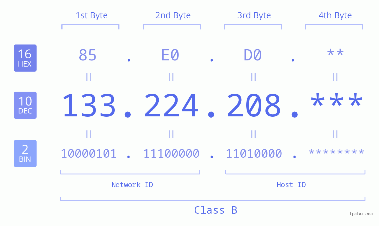 IP Address: 133.224.208 Data Structure Chart BIN DEC HEX IPv4: 133.224.208 Network Class, Net ID, Host ID