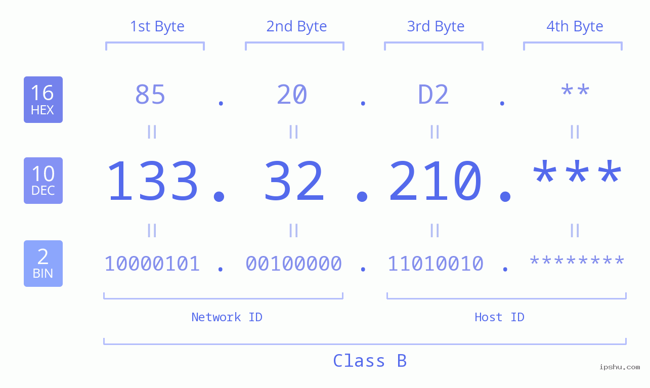 IP Address: 133.32.210 Data Structure Chart BIN DEC HEX IPv4: 133.32.210 Network Class, Net ID, Host ID