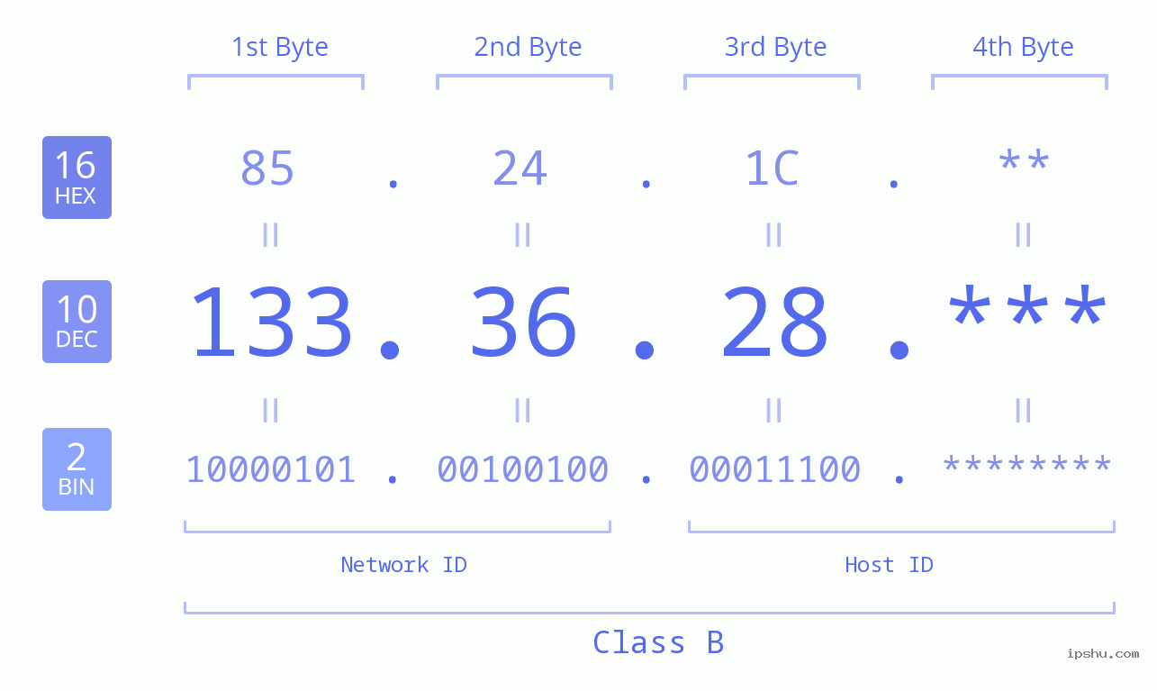 IP Address: 133.36.28 Data Structure Chart BIN DEC HEX IPv4: 133.36.28 Network Class, Net ID, Host ID