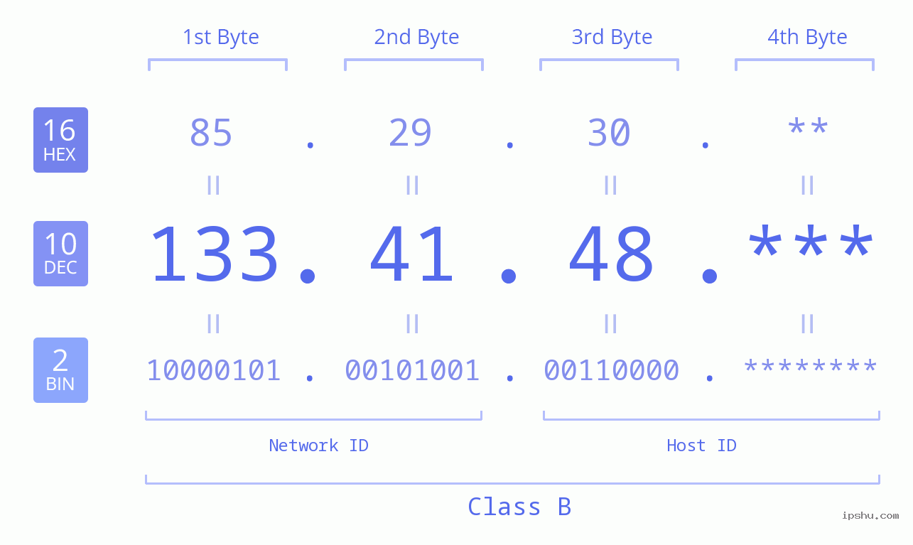 IP Address: 133.41.48 Data Structure Chart BIN DEC HEX IPv4: 133.41.48 Network Class, Net ID, Host ID