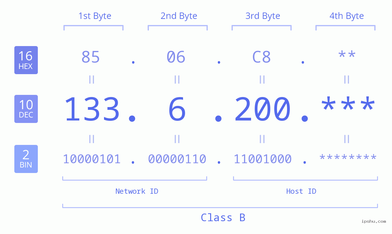 IP Address: 133.6.200 Data Structure Chart BIN DEC HEX IPv4: 133.6.200 Network Class, Net ID, Host ID