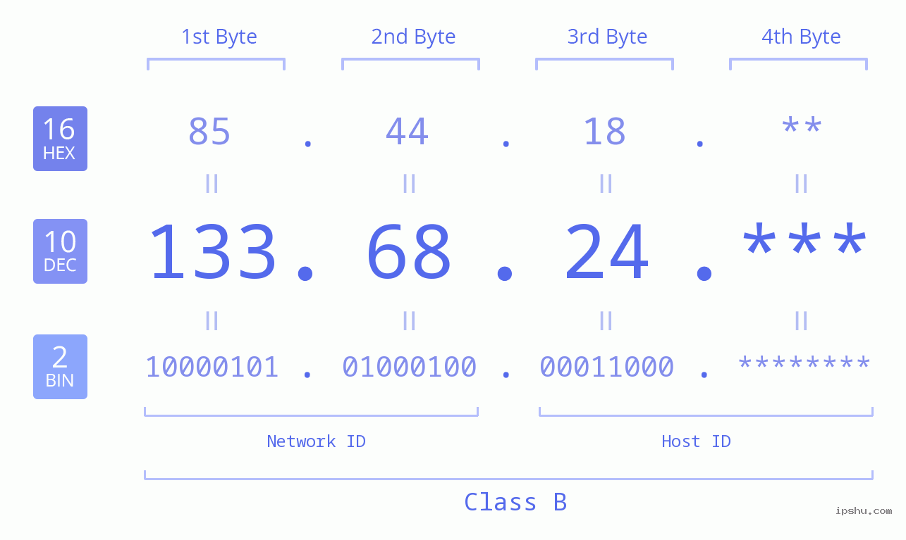 IP Address: 133.68.24 Data Structure Chart BIN DEC HEX IPv4: 133.68.24 Network Class, Net ID, Host ID