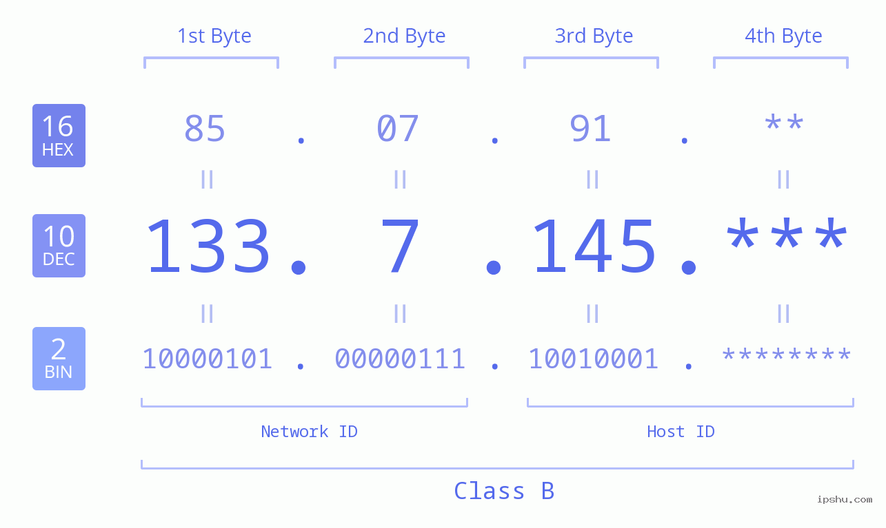 IP Address: 133.7.145 Data Structure Chart BIN DEC HEX IPv4: 133.7.145 Network Class, Net ID, Host ID