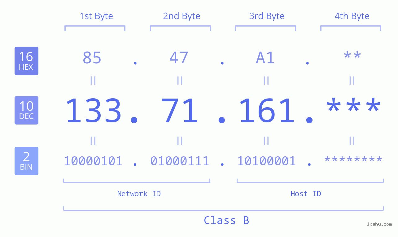 IP Address: 133.71.161 Data Structure Chart BIN DEC HEX IPv4: 133.71.161 Network Class, Net ID, Host ID