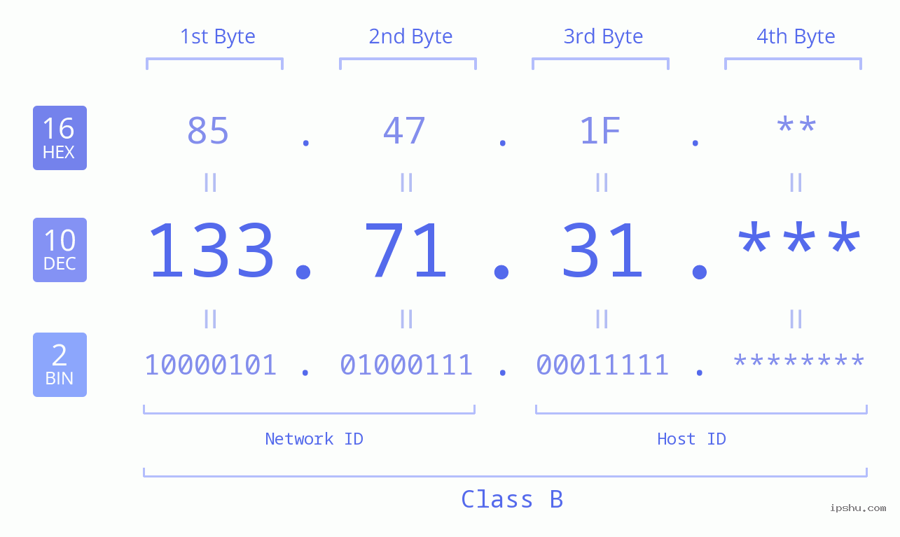 IP Address: 133.71.31 Data Structure Chart BIN DEC HEX IPv4: 133.71.31 Network Class, Net ID, Host ID