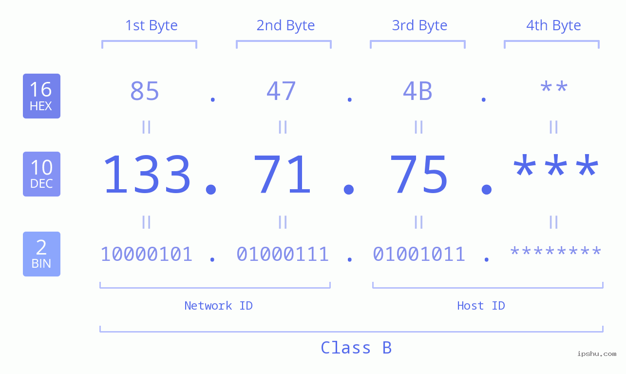 IP Address: 133.71.75 Data Structure Chart BIN DEC HEX IPv4: 133.71.75 Network Class, Net ID, Host ID