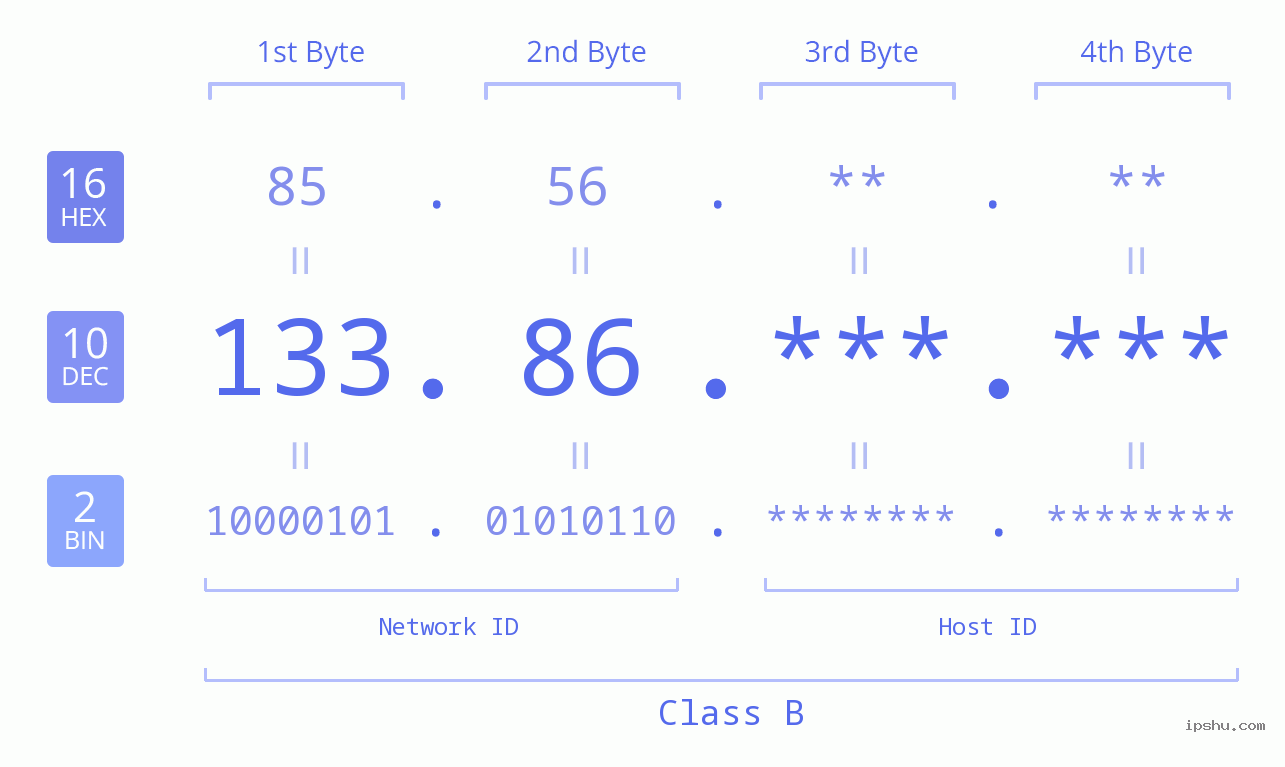 IP Address: 133.86 Data Structure Chart BIN DEC HEX IPv4: 133.86 Network Class, Net ID, Host ID