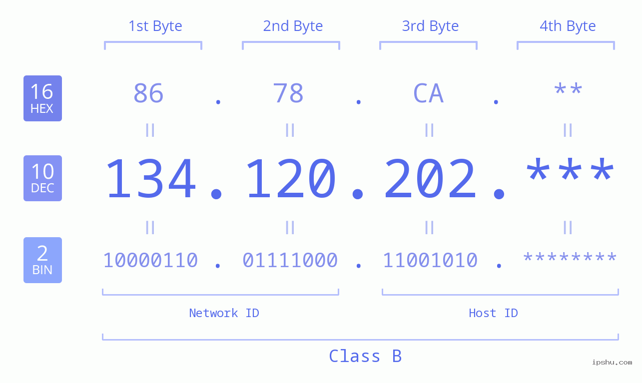 IP Address: 134.120.202 Data Structure Chart BIN DEC HEX IPv4: 134.120.202 Network Class, Net ID, Host ID