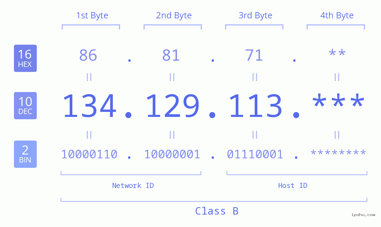 IP Address: 134.129.113 Data Structure Chart BIN DEC HEX IPv4: 134.129.113 Network Class, Net ID, Host ID