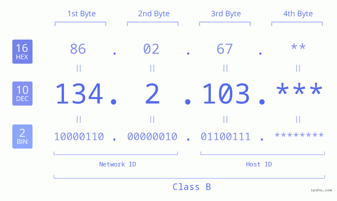 IP Address: 134.2.103 Data Structure Chart BIN DEC HEX IPv4: 134.2.103 Network Class, Net ID, Host ID