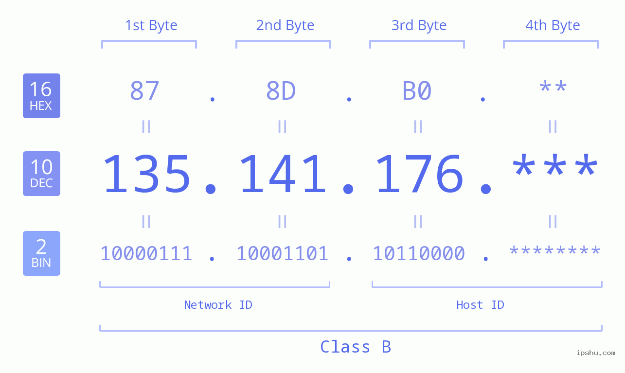 IP Address: 135.141.176 Data Structure Chart BIN DEC HEX IPv4: 135.141.176 Network Class, Net ID, Host ID