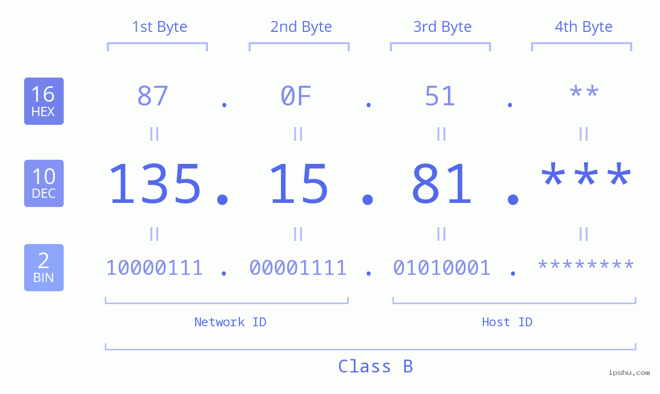 IP Address: 135.15.81 Data Structure Chart BIN DEC HEX IPv4: 135.15.81 Network Class, Net ID, Host ID