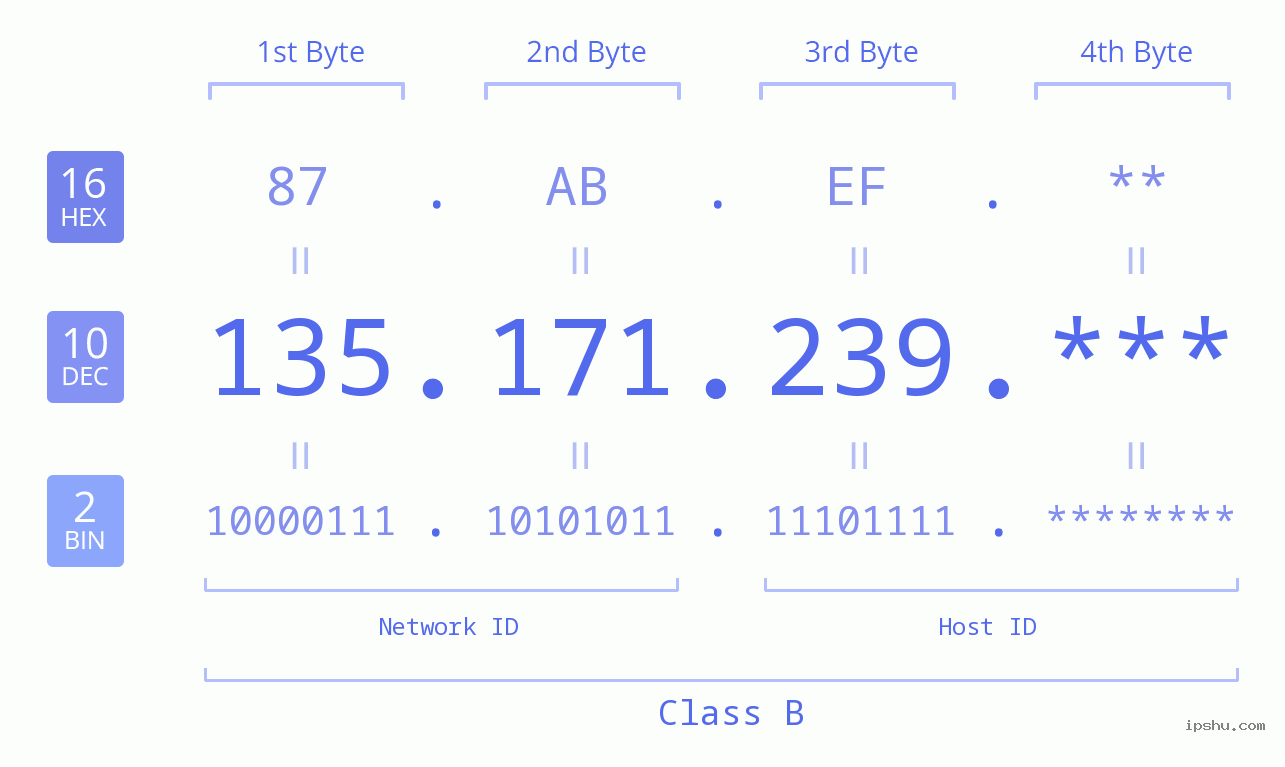 IP Address: 135.171.239 Data Structure Chart BIN DEC HEX IPv4: 135.171.239 Network Class, Net ID, Host ID