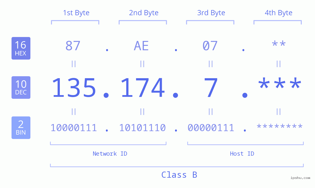 IP Address: 135.174.7 Data Structure Chart BIN DEC HEX IPv4: 135.174.7 Network Class, Net ID, Host ID