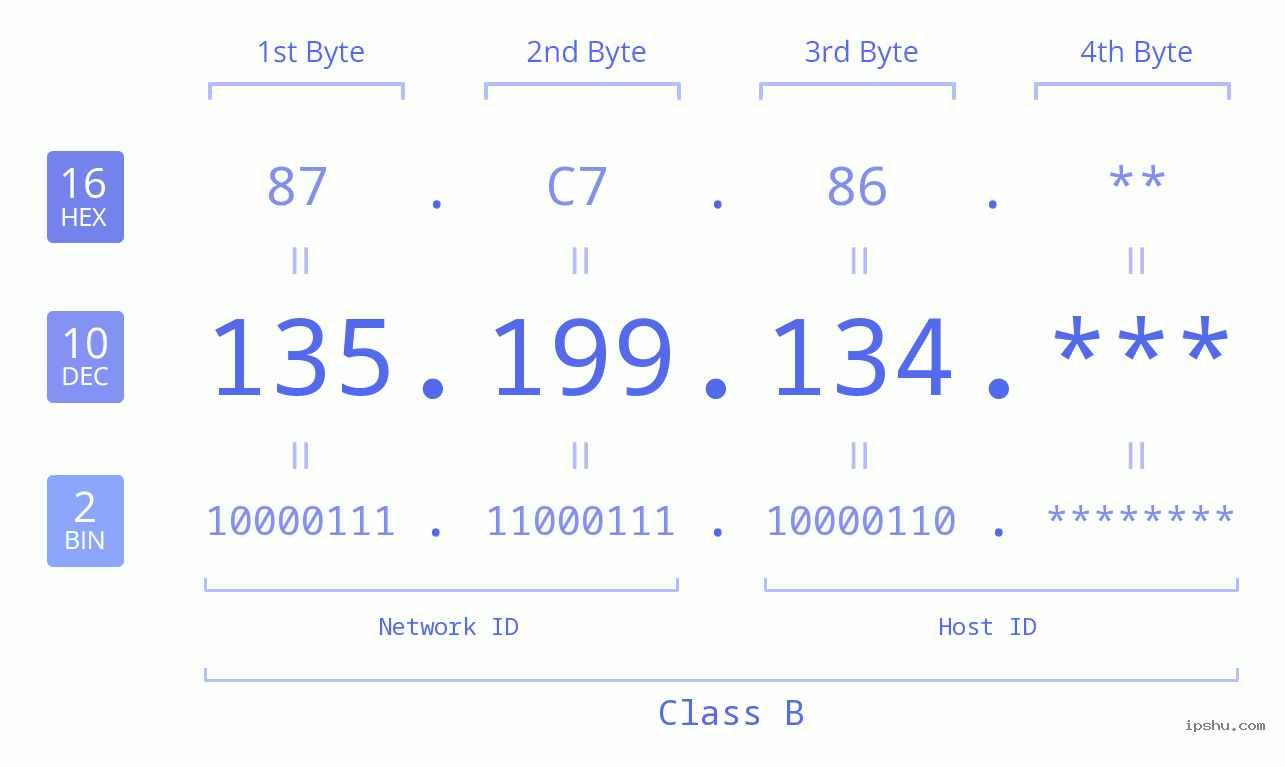 IP Address: 135.199.134 Data Structure Chart BIN DEC HEX IPv4: 135.199.134 Network Class, Net ID, Host ID