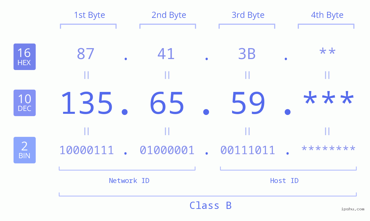 IP Address: 135.65.59 Data Structure Chart BIN DEC HEX IPv4: 135.65.59 Network Class, Net ID, Host ID