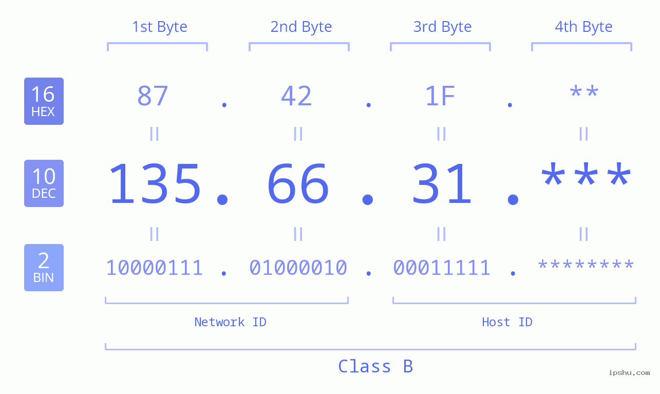 IP Address: 135.66.31 Data Structure Chart BIN DEC HEX IPv4: 135.66.31 Network Class, Net ID, Host ID
