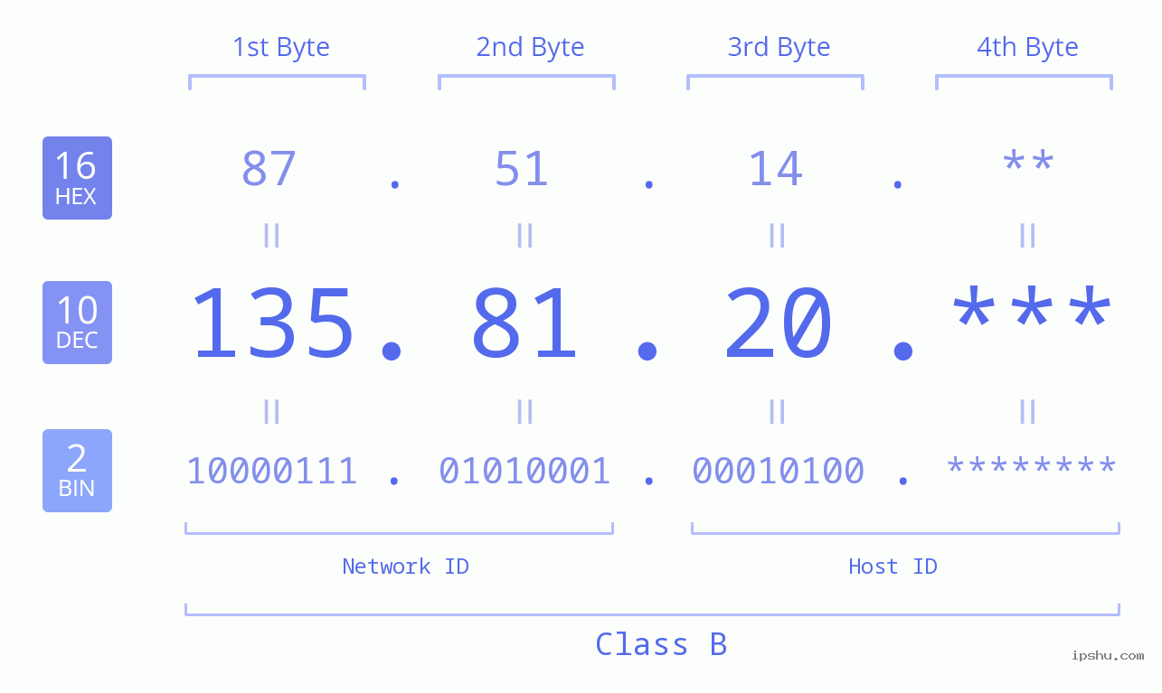 IP Address: 135.81.20 Data Structure Chart BIN DEC HEX IPv4: 135.81.20 Network Class, Net ID, Host ID