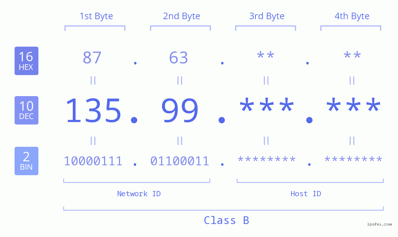 IP Address: 135.99 Data Structure Chart BIN DEC HEX IPv4: 135.99 Network Class, Net ID, Host ID