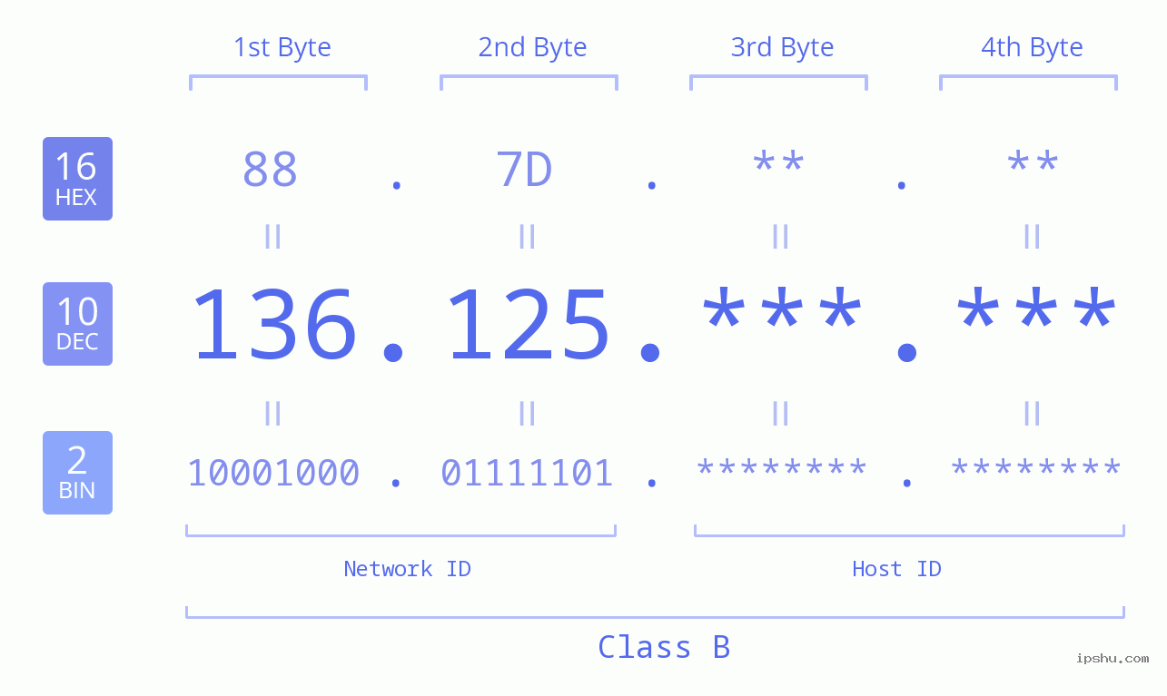 IP Address: 136.125 Data Structure Chart BIN DEC HEX IPv4: 136.125 Network Class, Net ID, Host ID