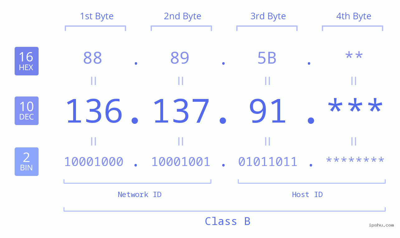 IP Address: 136.137.91 Data Structure Chart BIN DEC HEX IPv4: 136.137.91 Network Class, Net ID, Host ID