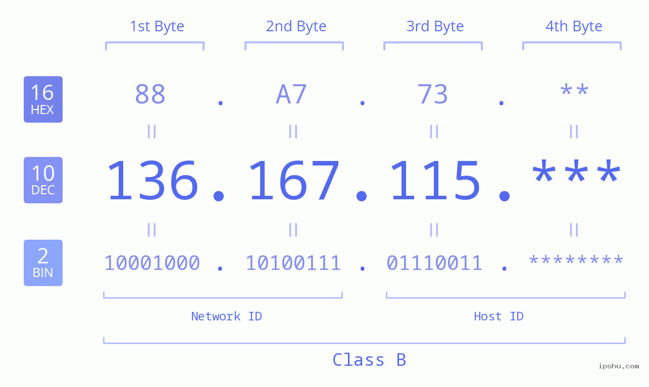 IP Address: 136.167.115 Data Structure Chart BIN DEC HEX IPv4: 136.167.115 Network Class, Net ID, Host ID