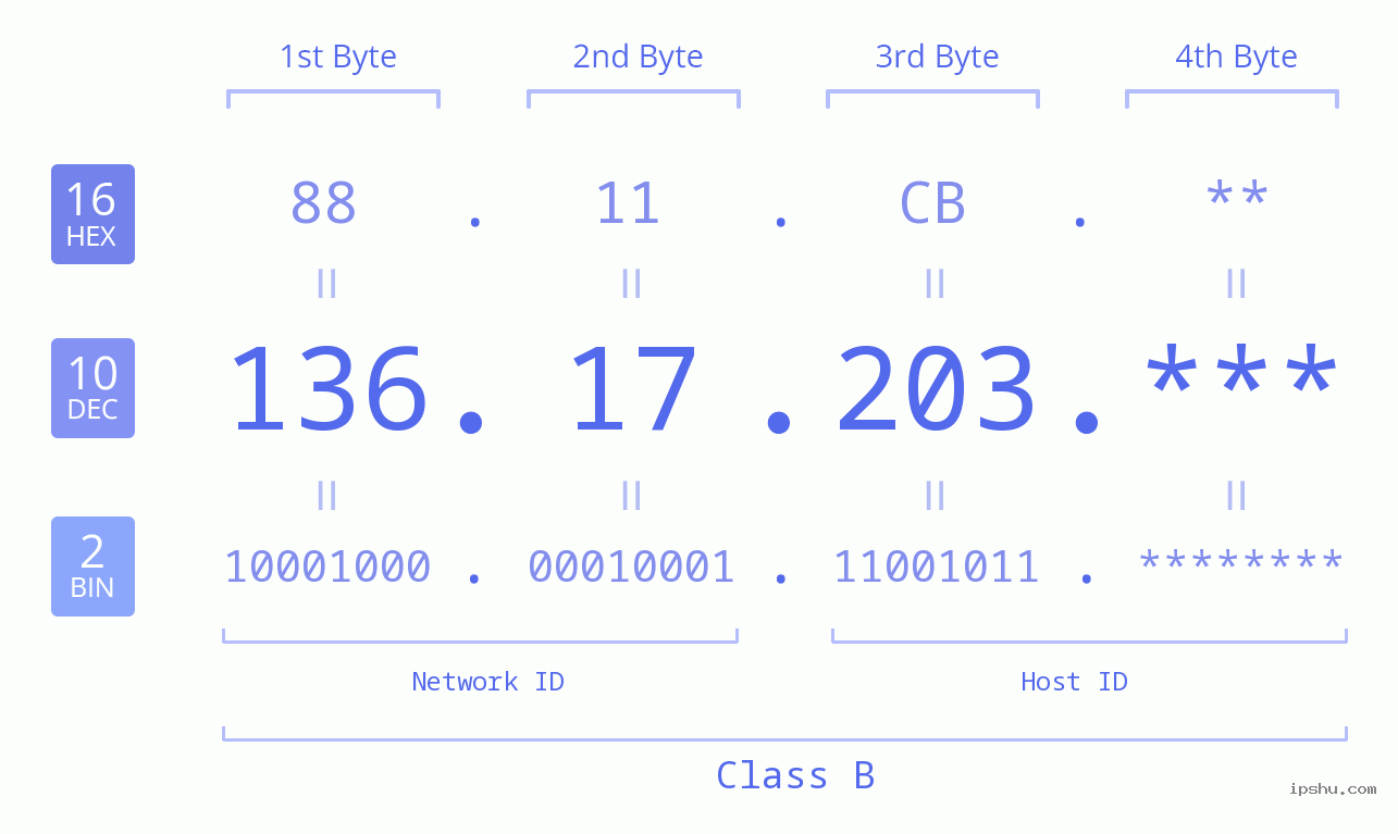 IP Address: 136.17.203 Data Structure Chart BIN DEC HEX IPv4: 136.17.203 Network Class, Net ID, Host ID