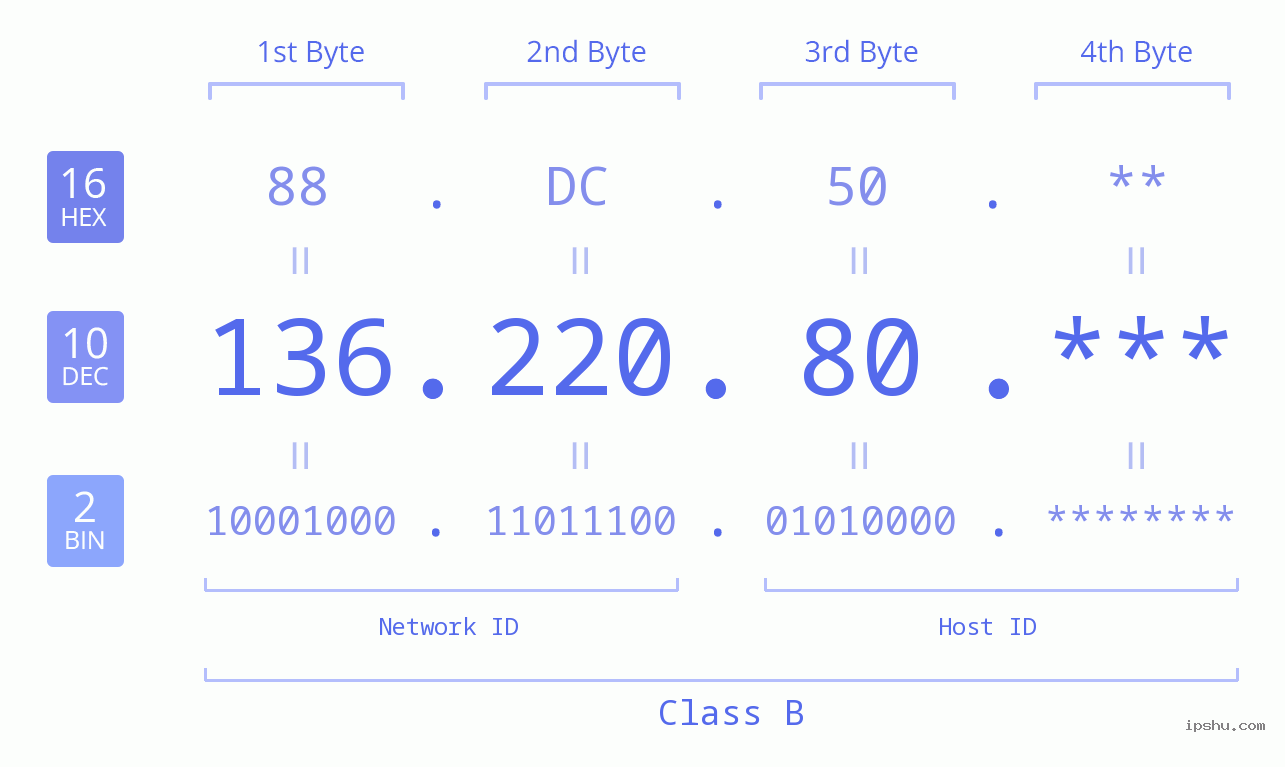 IP Address: 136.220.80 Data Structure Chart BIN DEC HEX IPv4: 136.220.80 Network Class, Net ID, Host ID