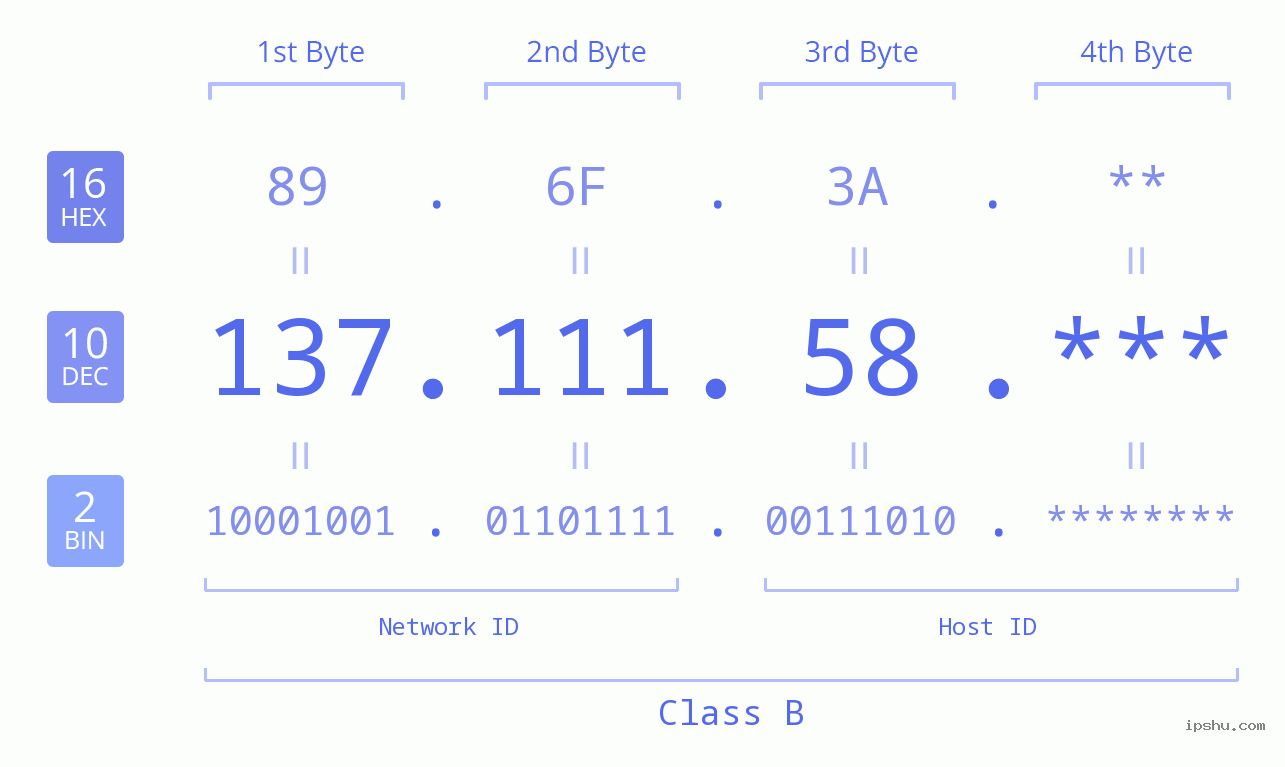 IP Address: 137.111.58 Data Structure Chart BIN DEC HEX IPv4: 137.111.58 Network Class, Net ID, Host ID