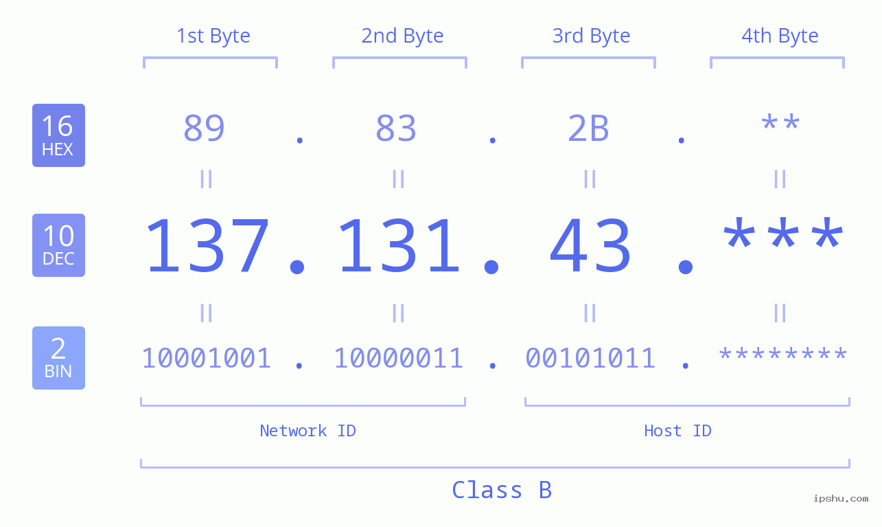 IP Address: 137.131.43 Data Structure Chart BIN DEC HEX IPv4: 137.131.43 Network Class, Net ID, Host ID