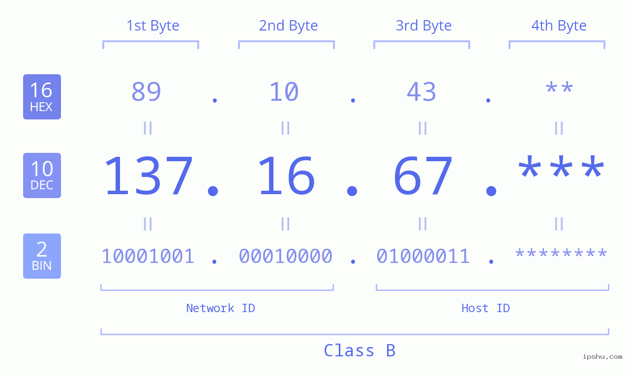 IP Address: 137.16.67 Data Structure Chart BIN DEC HEX IPv4: 137.16.67 Network Class, Net ID, Host ID