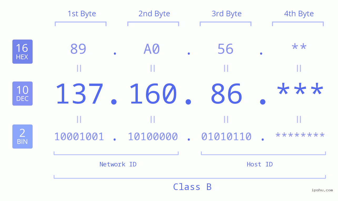 IP Address: 137.160.86 Data Structure Chart BIN DEC HEX IPv4: 137.160.86 Network Class, Net ID, Host ID