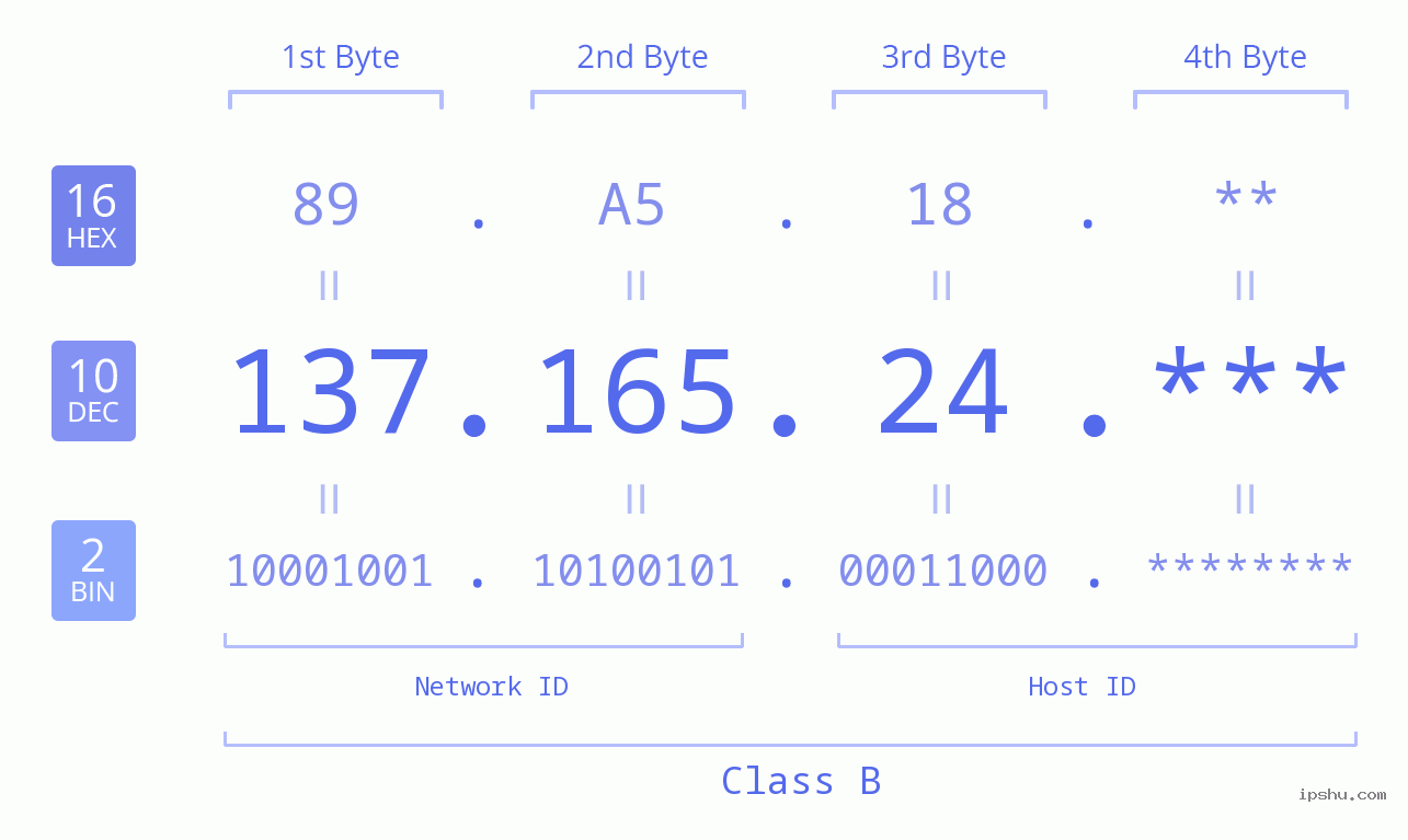 IP Address: 137.165.24 Data Structure Chart BIN DEC HEX IPv4: 137.165.24 Network Class, Net ID, Host ID